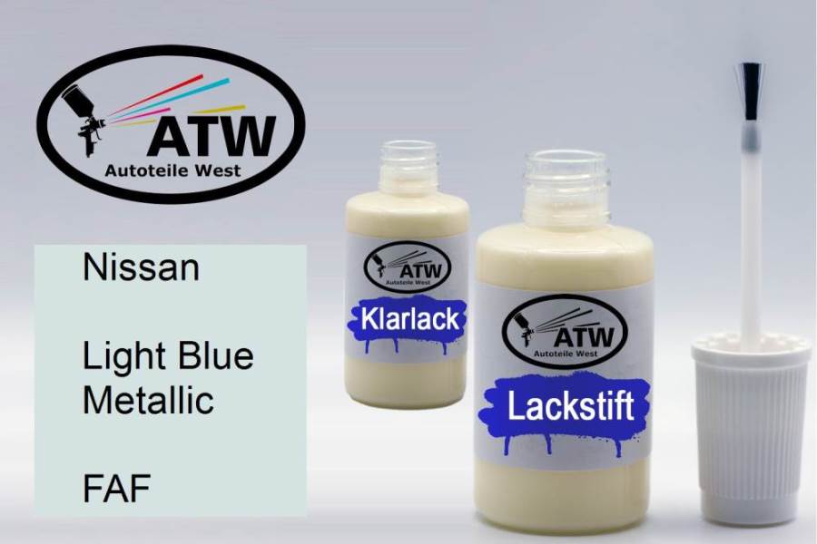 Nissan, Light Blue Metallic, FAF: 20ml Lackstift + 20ml Klarlack - Set, von ATW Autoteile West.